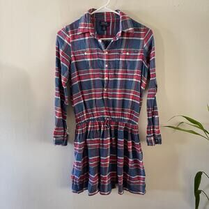 Polo Plaid Flannel Shirt Dress Girls 16 Blue Red Casual Drawstring Waist